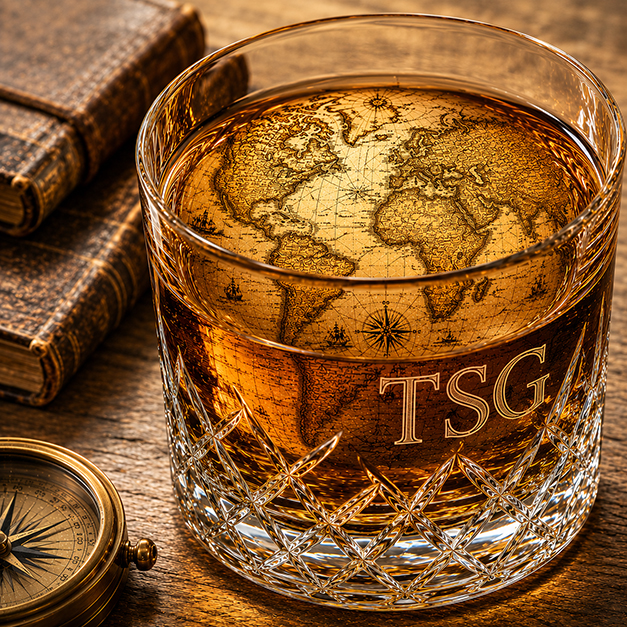 Whiskey glass etched with a world map and the TSG mark